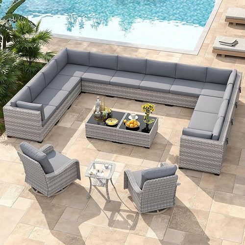 14-Seat Modern Patio Furniture Set with Swivel Rocking Chairs, Thick 4″ Cushions, Dual-Strand Wicker Rattan, Rust-Resistant Steel Frame – Outdoor Conversation & Modular Sectional,Gray