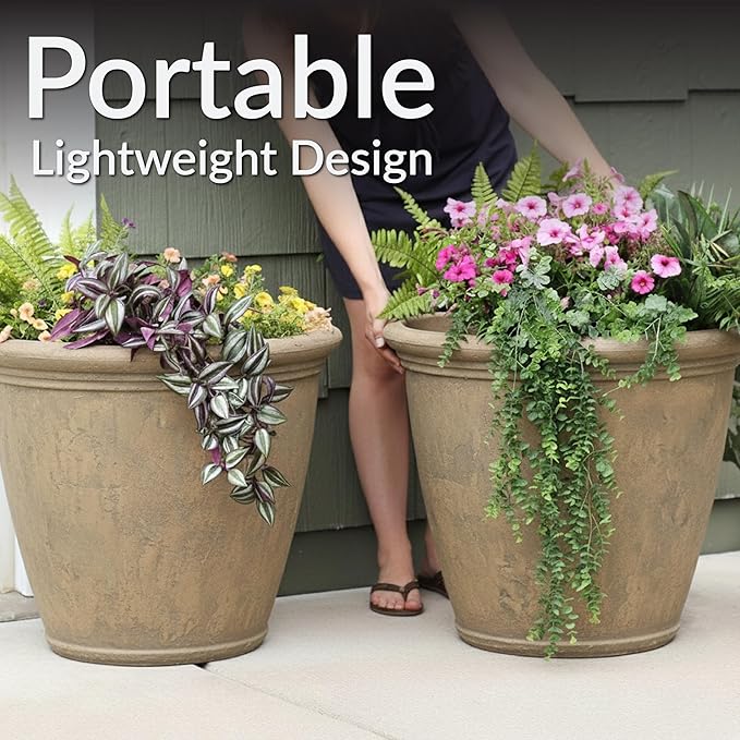 Sunnydaze 24-Inch Anjelica Large Plastic Pot for Plants - Outdoor Double-Walled Large Plastic Planter with Drillable Drainage Holes - Beige