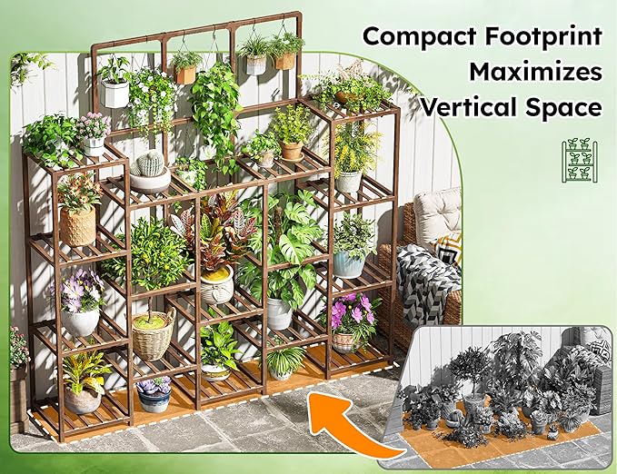 EnHomee 63''H Plant Stand Indoor Tall Plant Stands Outdoor with 7 Tiers and 14 Potted Upgrade Wood Plants Shelves Stand for Living Room Patio Balcony Yard Garden, 11.8''D×56''W×63''H