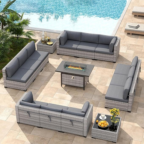 12-Seat Modern Outdoor Wicker Rattan Patio Furniture Set with 55,000 BTU Fire Pit Table, Thick 4″ Cushions, All-Weather Dual-Strand Rattan, Rust-Resistant Steel Frame,Black