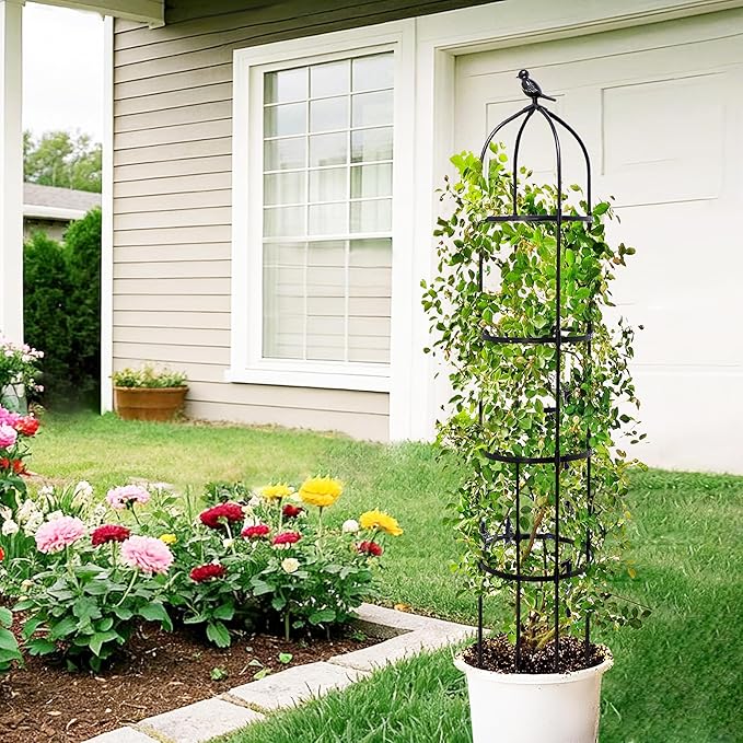 4-Pack 6FT Garden Obelisk Trellis for Climbing Plants,Adjustable 4-Tier Metal Plant Support,Rustproof Outdoor Plant Tower with 3 Decorative Tops for Roses,Tomatoes,Clematis & Vines,Black