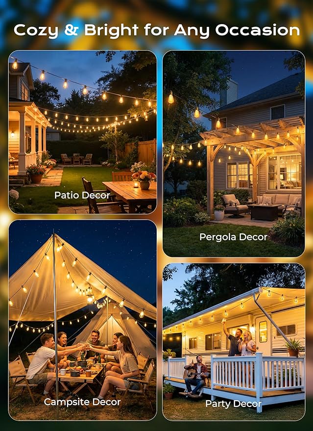 Brightown 58FT Solar String Lights Outdoor Waterproof, Patio Lights with Remote and 25+1 LED Shatterproof Bulbs, Dimmable & Timable, 3 Light Modes, Solar Lights Outdoor for Yard Camping Party Outside