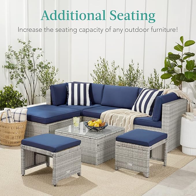 Best Choice Products Set of 2 Wicker Ottomans, Multipurpose Outdoor Furniture for Patio, Backyard, Additional Seating, Footrest, Side Table w/Removable Cushions, Steel Frame - Gray/Navy