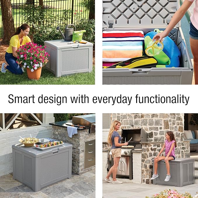 Rubbermaid Medium Resin Outdoor Storage Deck Box (74 Gal) Weather Resistant Gray Deck Organization for Home/Backyard/Pool Chemicals/Toys/Garden Tools/Porch/Patio Cushions