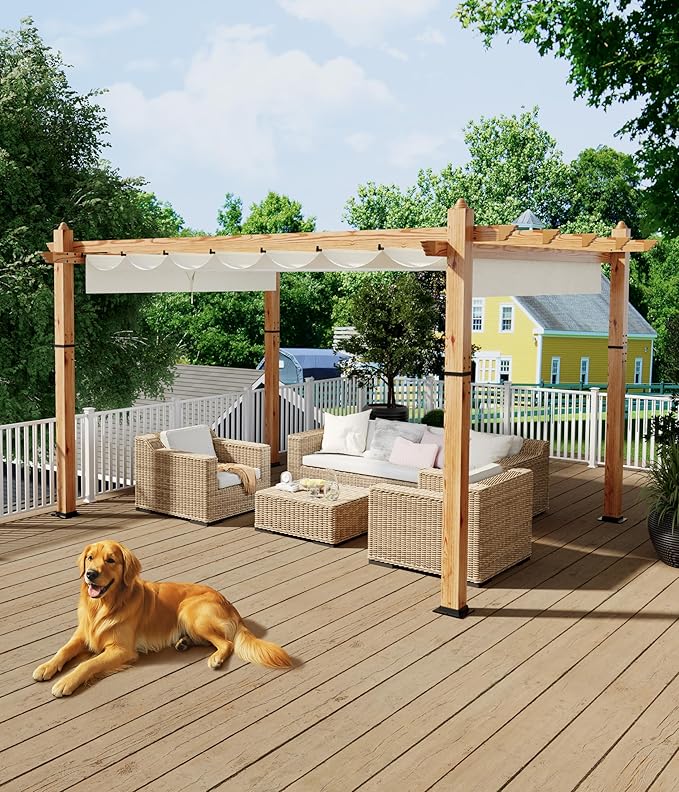 GarveeLife 10 x 13 ft Wood-Grain Aluminum Pergola Outdoor Pergola with Retractable Canopy Sun Shade Shelter for Garden Patio Backyard Deck - Beige