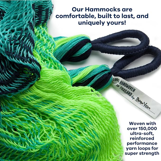 Handwoven Hammock by Yellow Leaf Hammocks - Double Size, Fits 1-2 PPL, 400lb max - Weathersafe, Super Strong, Easy to Hang, Ultra Soft, Artisan Made - Color: Neon - Blue - Turquoise