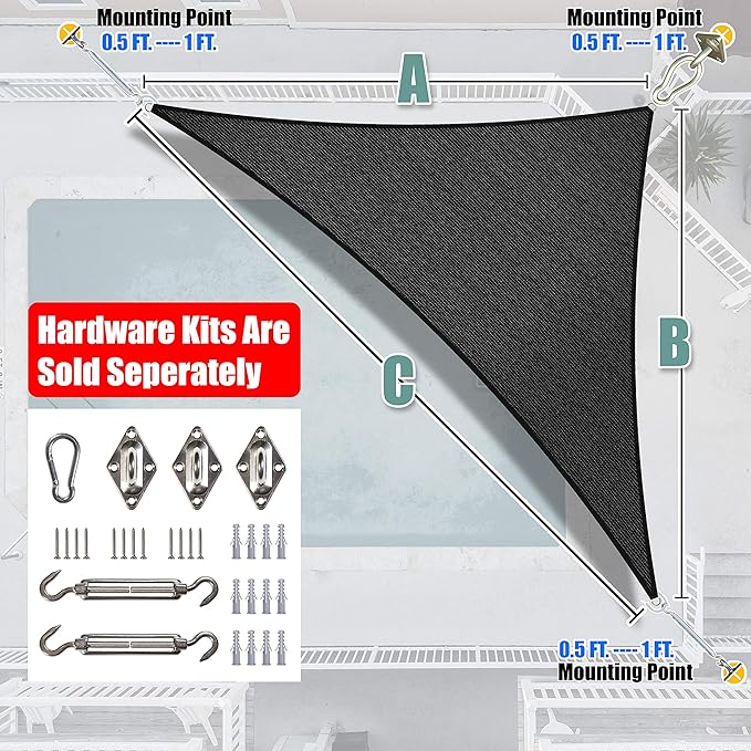Amgo Custom Size 12' x 22' x 25.1' Black Right Triangle Sun Shade Sail Order to Make Canopy Awning UPF50+ AGSLT, 95% UV Blockage, Water & Air Permeable, 200GSM Commercial Standard (We Customize)