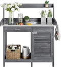 Yaheetech Outdoor Potting Bench Table, Garden Workstation w/Metal Tabletop/Cabinet Drawer/Open Top/Lower Shelf/Handy Hooks for Horticulture,Gray