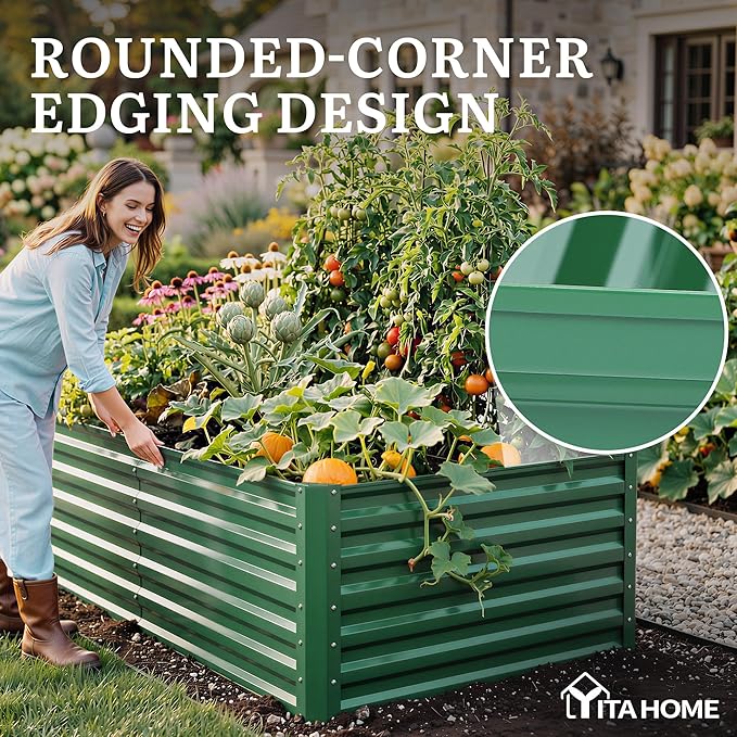 YITAHOME 6pcs 6x3x2 ft Galvanized Raised Garden Bed Kit, Large Metal Planter Box with Gloves & Support Rod, Outdoor Flower Bed for Plants Vegetables, Green