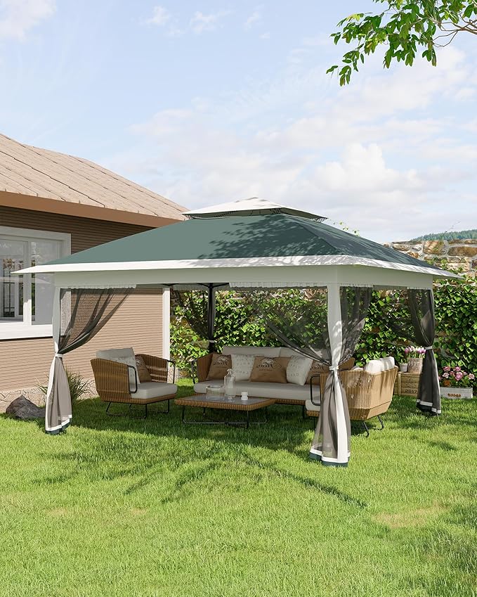 Canopy Tent 13x13 ft, Pop Up Gazebo One-Push Setup with 4 SandBags for Backyard Parties and BBQs, Mosquito Netting & Height Adjustable - Green