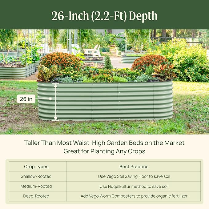 Vego garden 26" Extra Tall Raised Garden Bed Kits, 4 in 1 Modular Raised Planter Box for Vegetables Flowers Fruits Oval Metal Raised Garden-Olive Green
