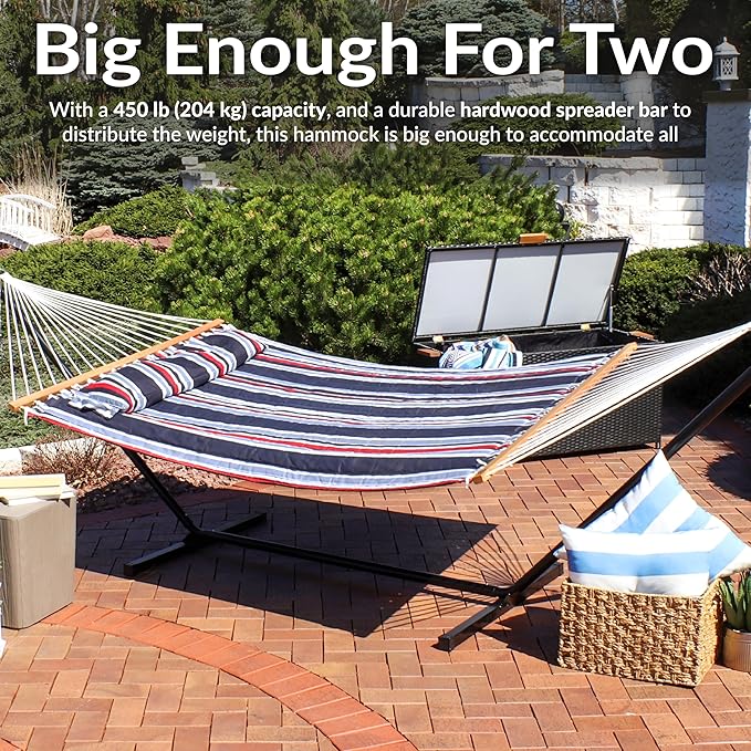 Sunnydaze Quilted Outdoor Hammock with Spreader Bars - Heavy-Duty 450-Pound Capacity Double Hammock for Outside - Nautical Stripe
