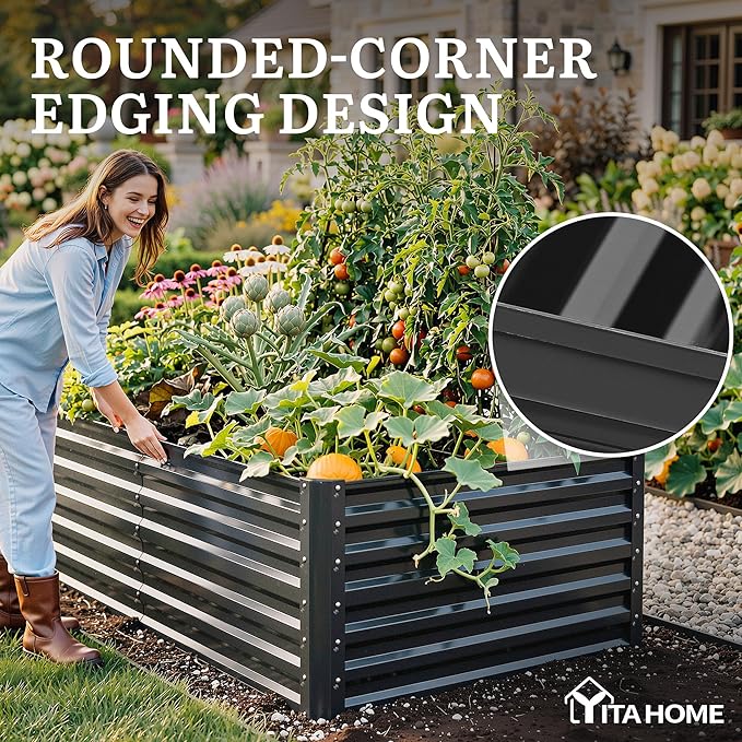 YITAHOME 6pcs 6x3x2 ft Galvanized Raised Garden Bed Kit, Large Metal Planter Box with Gloves & Support Rod, Outdoor Flower Bed for Plants Vegetables, Black