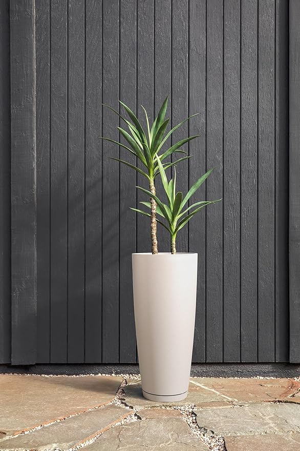 Veradek Vega Round Tall Planter Pots for Indoor/Outdoor Use | Made from Plastic - Stone Mix with Drainage Holes | Perfect for Small to Large Succulent Plants, Flowers, Modern Interior Plants