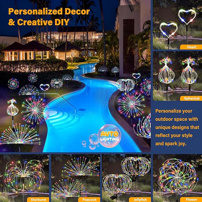 Solar Garden Lights Outdoor Decorative, 2pack 120 LED Firework Lights Waterproof，Solar Fairy Lights for Outside,Garden,Yard, Patio,Pathway,Flowerbed,Party(Multicolor)