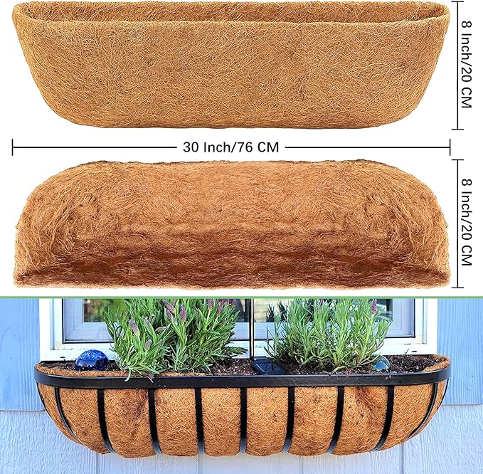 Coco Liners for Planters - 2 Pack 30 Inch Trough Coconut Liners for Planters, Window Box Coco Liners, 100% Natural Coconut Fiber Liners for Wall Hanging Basket, Window Box, Fence Baskets