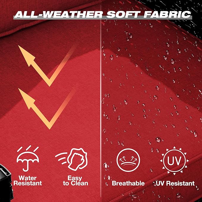Joyside Wicker Patio Furniture Sets, 8 Pieces Upgraded Large Size Outdoor Furniture with 4 Swivel Rocking Patio Chairs, 3-Seat Sofa, Fire Table, Coffee Table, Thick Cushions, Wide Armrest, Red