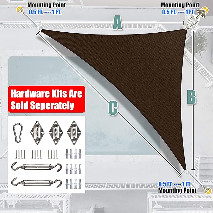 Amgo 14' x 14' x 19.8' Brown Right Triangle Sun Shade Sail UPF50+ Canopy Awning AGSLT, 95% UV Blockage, Water & Air Permeable, 200GSM Heavy Duty Commercial and Residential (We Make Custom Sizes)