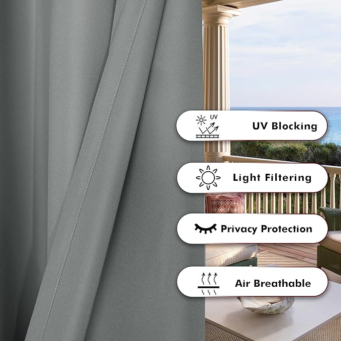 BONZER Outdoor Curtains for Patio Waterproof Thick Privacy Wide Grommet Light Filtering Outside Curtains for Porch Pergola Gazebo Deck, 1 Panel, 110W x 84L inch, Grey