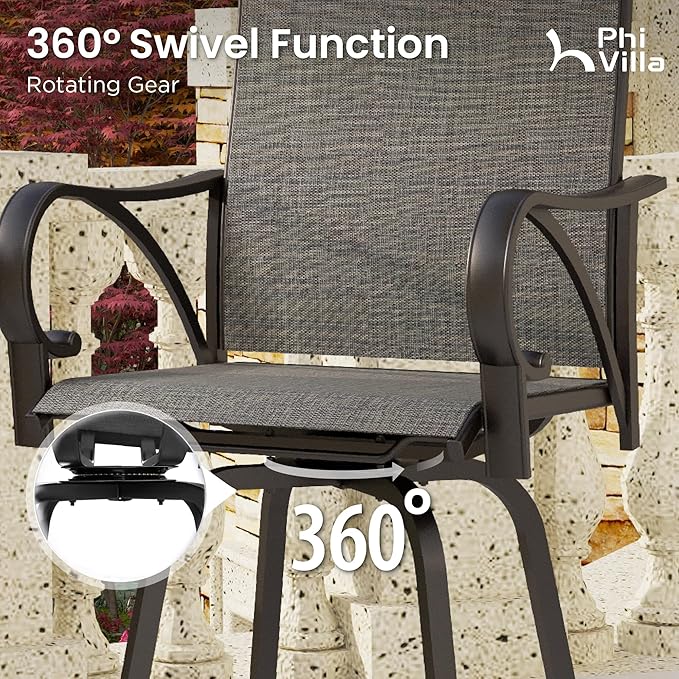 PHI VILLA 5 Piece Outdoor Bar Set, High Top Patio Table and Chairs with 4 Swivel Bar Stools (Grey) & Square Bar Bistro Table for Garden, Yard