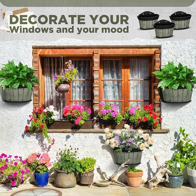 Layhit 6 Pcs Wall Hanging Planters Outdoor Pot Planter Wine Barrel Planter Distressed Oak Thickened Plastic Water Storage Flower Pots for Flower Indoor Outdoor(10 Inches,Grey Green)