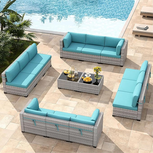 12-Seat Modular Patio Furniture Set – Outdoor Wicker Sectional Sofa with Thick 4″ Cushions, Dual-Strand PE Rattan, Rust-Resistant 18 mm Steel Frame, Backyard Garden Deck Lounge,Blue