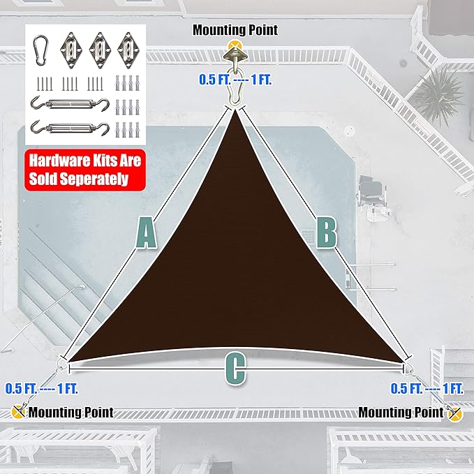 Amgo 20' x 20' x 20' Brown Triangle Sun Shade Sail UPF50+ Canopy Awning AGSLT, 95% UV Blockage, Water & Air Permeable, 200GSM Heavy Duty Commercial and Residential (We Make Custom Sizes)