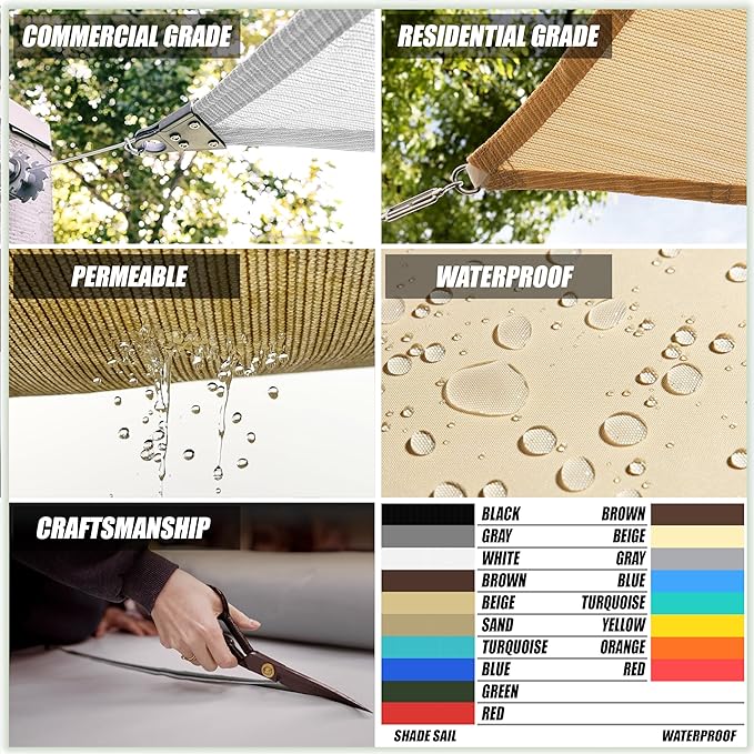 ColourTree TAPR1616 Custom Size 17' x 24' Grey Sun Shade Sail Canopy UV Block UPF50 Rectangle - Commercial Standard Heavy Duty - 190 GSM - 3 Years Warranty