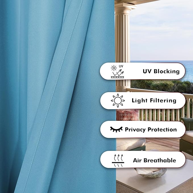 BONZER Outdoor Waterproof Curtains for Patio Wide Grommet Light Filtering Outside Curtains for Gazebo, Porch, Pergola, Pavilion, 1 Panel, 110W x 120L inch, Teal