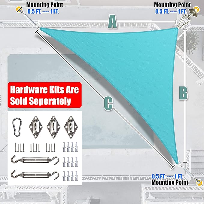 Amgo Custom Size 16' x 21' x 26.4' Turquoise Triangle Sun Shade Sail Order to Make Canopy Awning UPF50+ AGSLT, 95% UV Blockage, Water & Air Permeable, 200GSM Commercial Standard (We Customize)