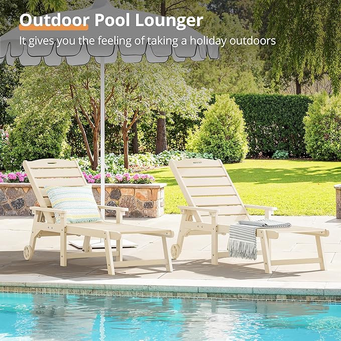 LUE BONA Outdoor Chaise Lounge, HDPS Chaise Lounger, 5 Positions Adjustable Lounge Chairs, Pool Lounge Chair with Wheels for Poolside, Backyard, Sand