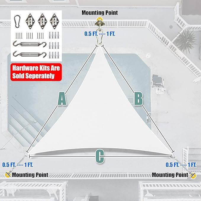 Amgo Custom Size 25' x 25' x 25' White Triangle Sun Shade Sail Order to Make Canopy Awning UPF50+ AGSLT, 95% UV Blockage, Water & Air Permeable, 200GSM Commercial Standard (We Customize)