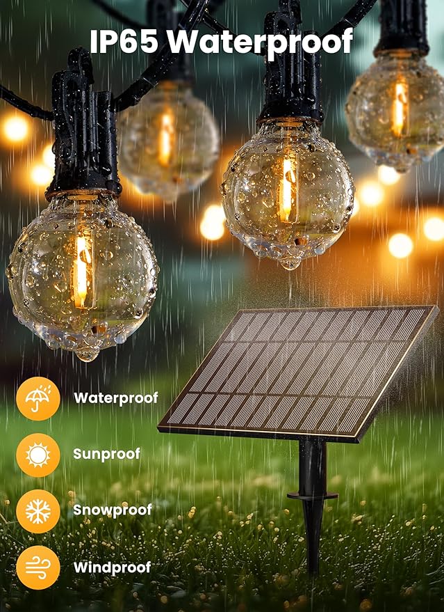 Brightown 58FT Solar String Lights Outdoor with Remote and 26 LED Shatterproof Bulbs, Dimmable & Timable, 3 Light Modes, Solar Patio String Lights Outdoor for Cafe, Garden, Deck, Outside Wedding