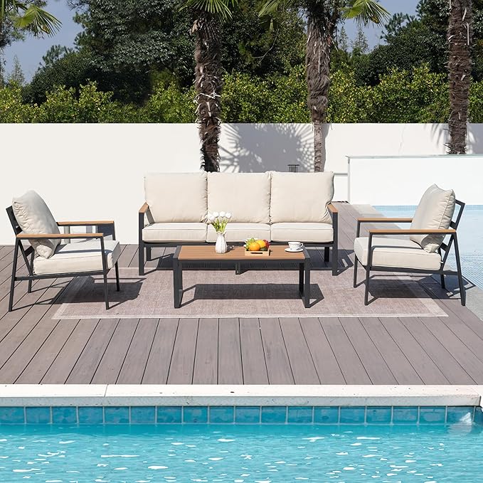 Patio Furniture Set, 4 Pieces Outdoor Furniture Patio Conversation Set with High Back, Faux-Wood Armrest and Tabletop, Outdoor Couch Patio Sofa Set for Balcony, Porch, Backyard, Beige