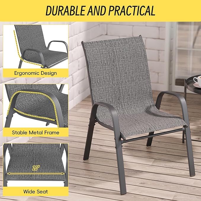 Betterhood Patio Chairs Set of 2, Stackable Outdoor Dining Chairs Set with Breathable Seat Fabric, All-Weather Powder-Coated Metal Frame for Deck, Pool Side and Backyard, 350LBS Capacity (Grey)