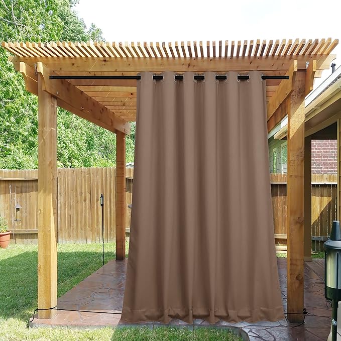 NICETOWN 2 Panels Weighted Blackout Curtains for Patio Waterproof, Top & Bottom Grommet & Back Tab Fixed Outdoor Curtains Windproof Drapes Thermal Insulated for Porch, W84 x L108, Tan