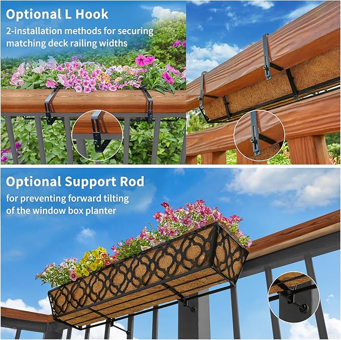 2pcs 24 Inch Window Deck with Coco Liner, 24" Window Boxes Horse Trough with Coconut Coir Liner, Metal Hanging Flower Planter Window Basket Deck Railing Planter Boxes for Outdoor Indoor Lawn