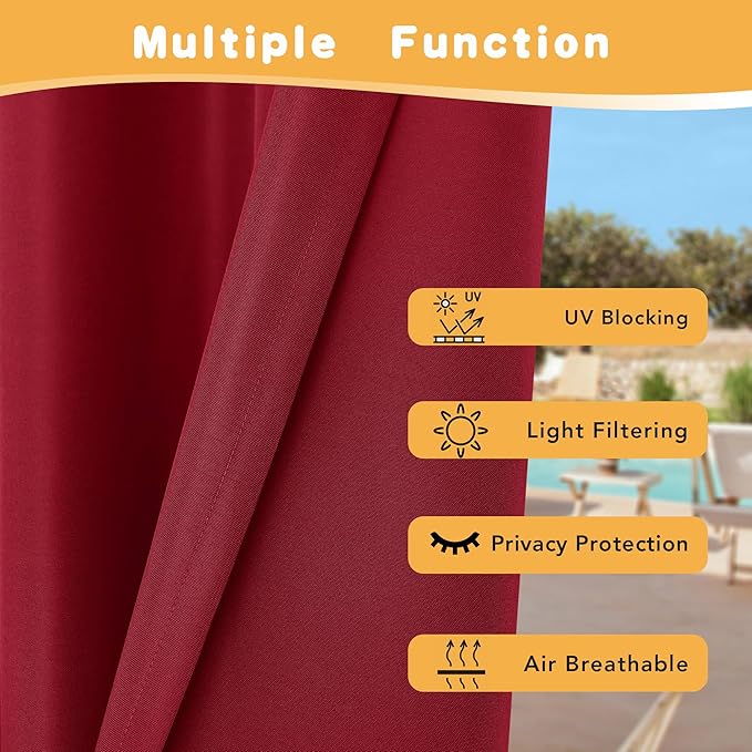 HolidayIdeas Red Outdoor Curtains for Patio Waterproof, 2 Panels - 54 x 95 Inch - Privacy Protection & Light Filtering Curtains Grommet Outside Curtains for Porch, Gazebo, Pergola, Backyard