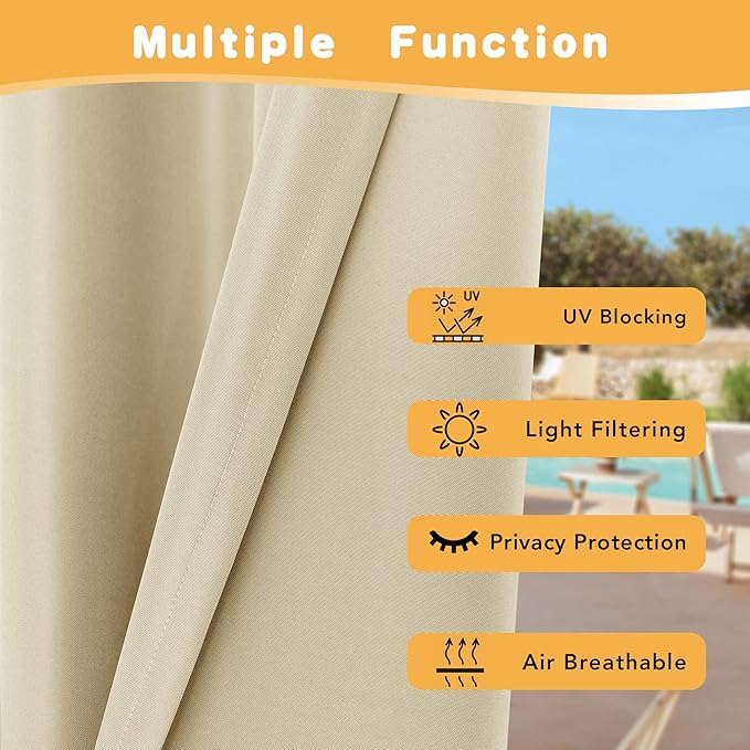 HolidayIdeas Outdoor Curtains for Patio Waterproof, 2 Panels - 84 x 120 Inch - Privacy Protection & Light Filtering Curtains Grommet Outside Curtains for Porch, Gazebo, Pergola, Backyard (Cream)