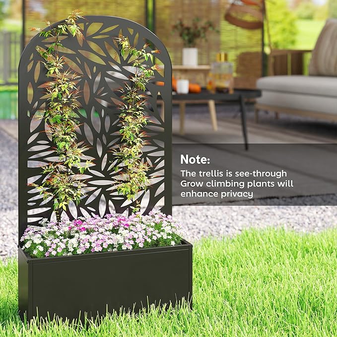 Outsunny Metal Raised Garden Bed with Trellis for Climbing Plants, Freestanding or Wall Mounted Flower Bed with Cueved Privacy Panel, Leaves Cut-Out Outdoor Planter Box for Garden, Patio, Balcony