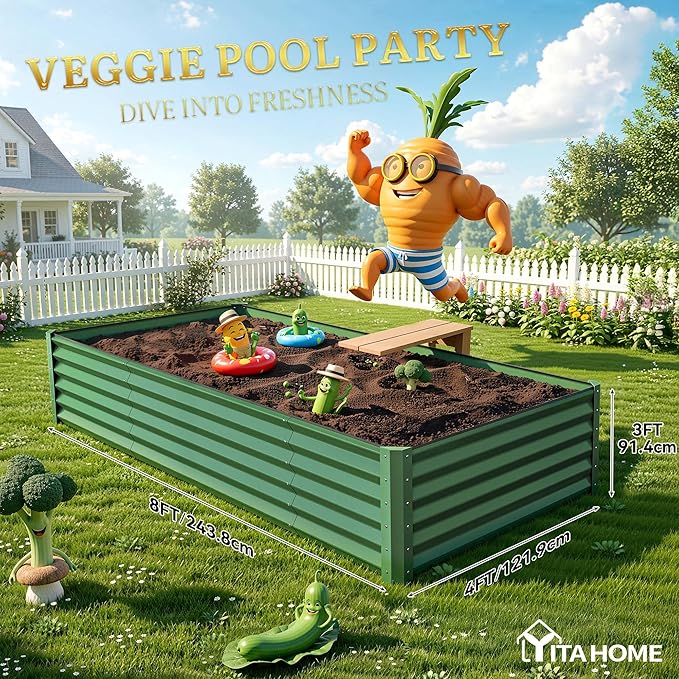 YITAHOME 8x4x3ft Large Raised Garden Bed Kit, Galvanized Metal Planter Box with Gloves, Support Rod & Safety Rubber, Outdoor Above Ground Planters for Plants Vegetables Flowers, Green