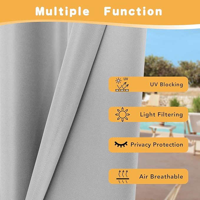 HolidayIdeas Outdoor Curtains for Patio Waterproof, 4 Panels - 54 x 120 Inch - Privacy Protection & Light Filtering Curtains Silver Grommet Outside Curtains for Porch, Gazebo, Pergola, Backyard
