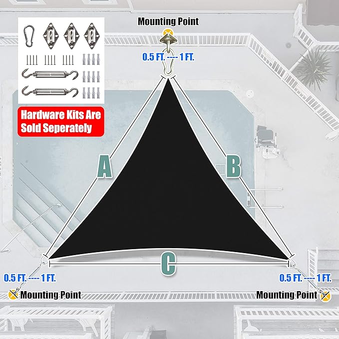 Amgo Custom Size 9' x 9' x 9' Black Triangle Sun Shade Sail Order to Make Canopy Awning UPF50+ AGSLT, 95% UV Blockage, Water & Air Permeable, 200GSM Commercial Standard (We Customize)
