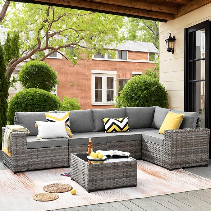 ovios 6 Pieces Patio Furniture Set, Outdoor Wicker Sectional Sofa with Glass Table Comfy Cushions, Modern Modular Deep Seat Couch Rattan Conversation Set, Dark Grey