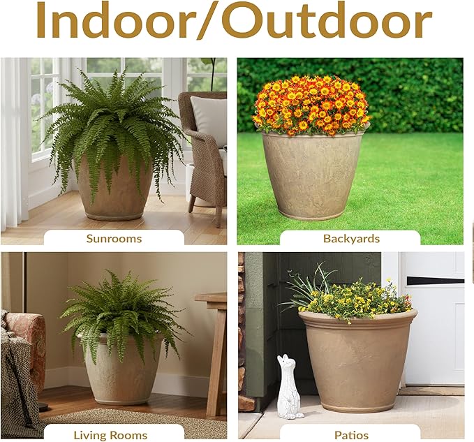 Sunnydaze 24-Inch Anjelica Large Plastic Pot for Plants - Outdoor Double-Walled Large Plastic Planter with Drillable Drainage Holes - Beige - 3pk