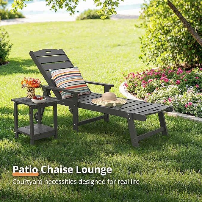 LUE BONA Chaise Lounge Chair with Table, 6-Piece, HDPS Chaise Lounger, 5 Positions Adjustable Lounge Chairs, Pool Lounge Chair with Wheels for Poolside, Backyard, Dark Gray