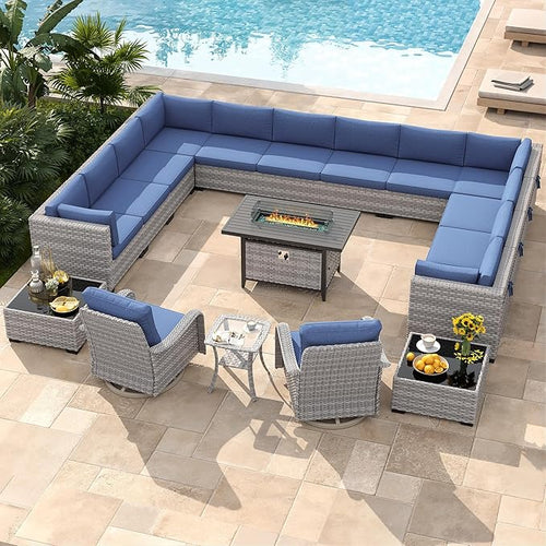 14-Seat Outdoor Wicker Patio Furniture Set with Fire Pit Table, Modular Rattan Sectional Sofa & 2 Swivel Rocking Chairs, 4" Thick Cushions, Rust-Resistant Frame,Navy