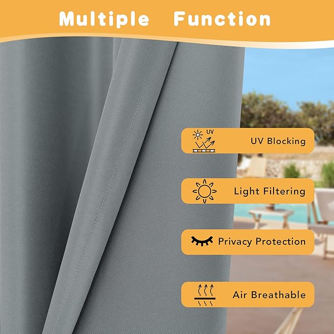 HolidayIdeas Outdoor Curtains for Patio Waterproof, 4 Panels - 54 x 108 Inch - Privacy Protection & Light Filtering Curtains Grey Grommet Outside Curtains for Porch, Gazebo, Pergola, Backyard
