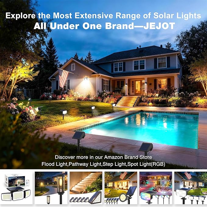White Solar Security Light Outdoor Super Bright LED, Motion Sensor Solar Flood Light, 3 Heads 270° Wide Angle, Remote Control,IP65 Waterproof, 3 Modes (4 Packs)