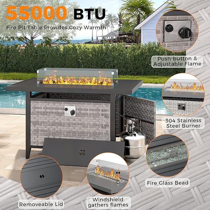 6-Seat Modern Outdoor Wicker Rattan Patio Furniture Set with 55,000 BTU Fire Pit Table, Thick 4″ Cushions, All-Weather Dual-Strand Rattan, Rust-Resistant Steel Frame,Beige